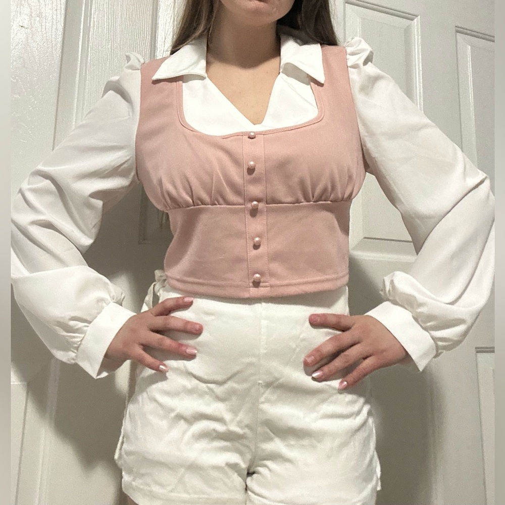 SHEIN Pink and White Buttoned Blouse